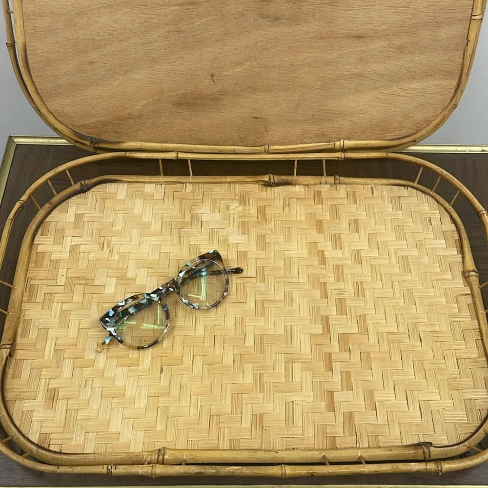 Vintage MCM Bamboo & Rattan Wicker Style Trays Set of 2  Size 19 x 13 x 1.25